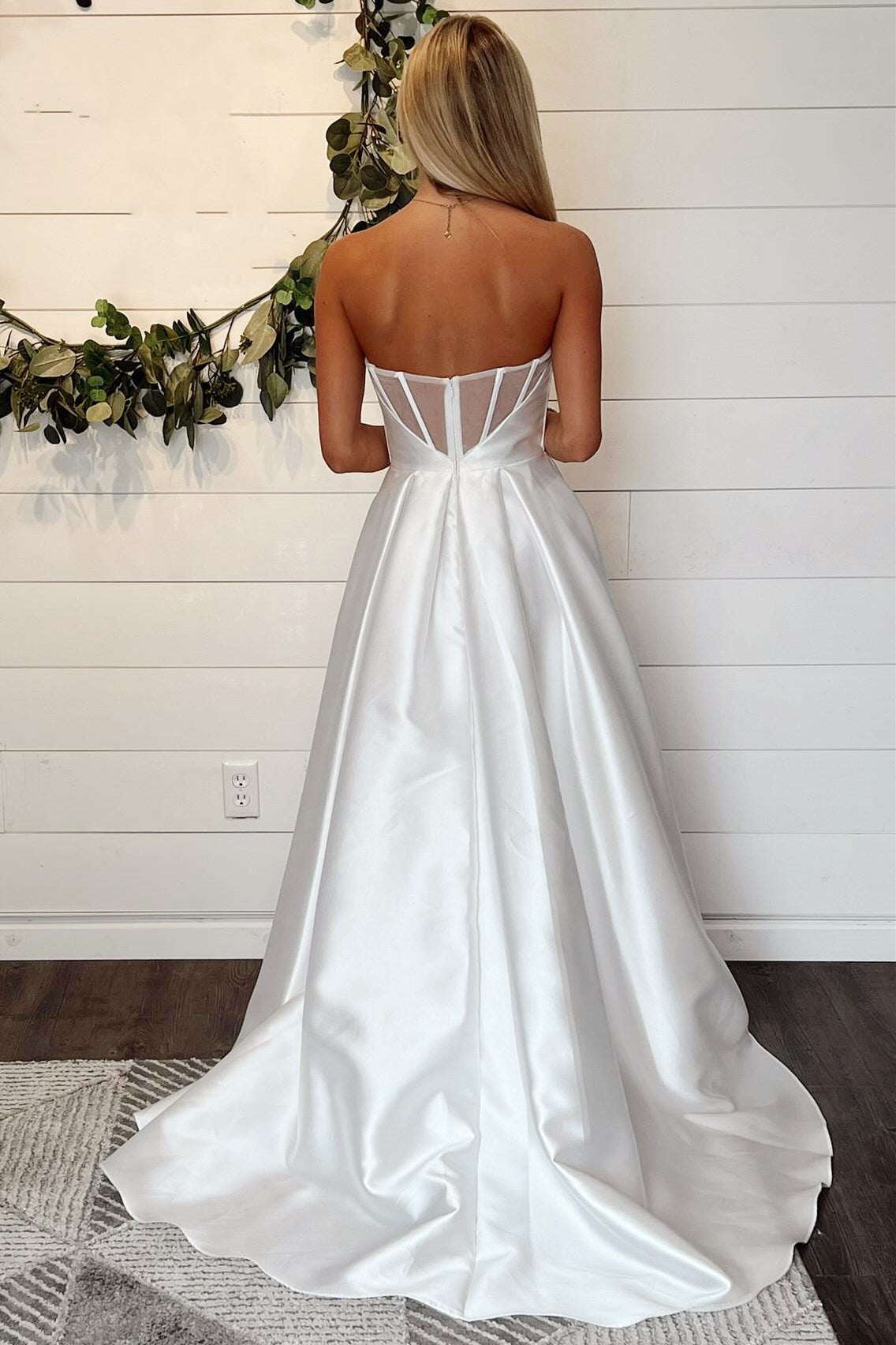 White Satin A Line Strapless Sleeveless Sheer Back Slit Train Wedding Dress