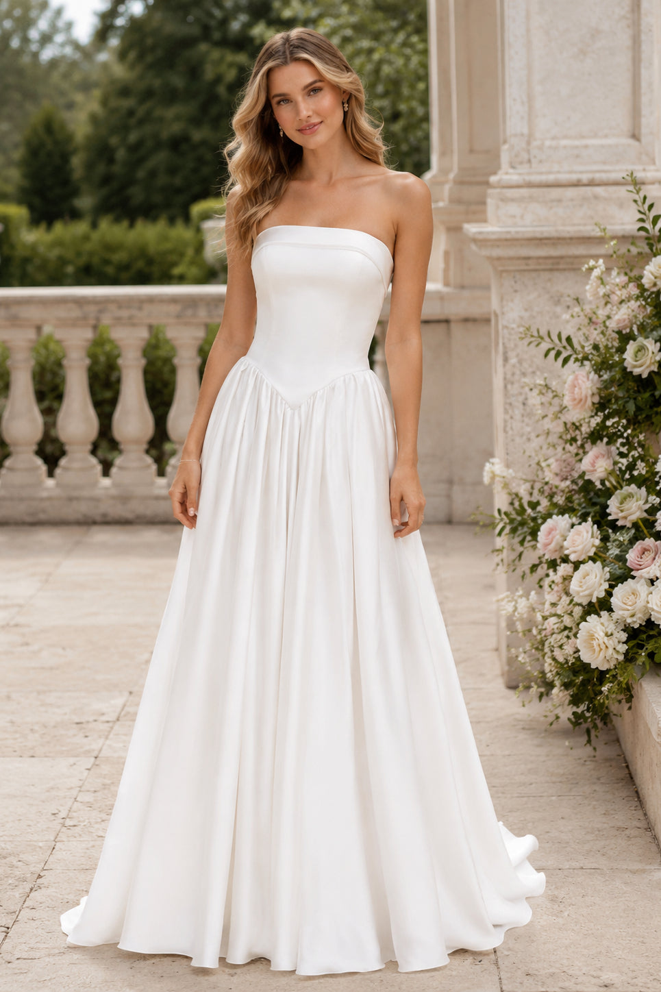 White Satin A Line Strapless Tube Sleeveless Button Back Train Wedding Dress
