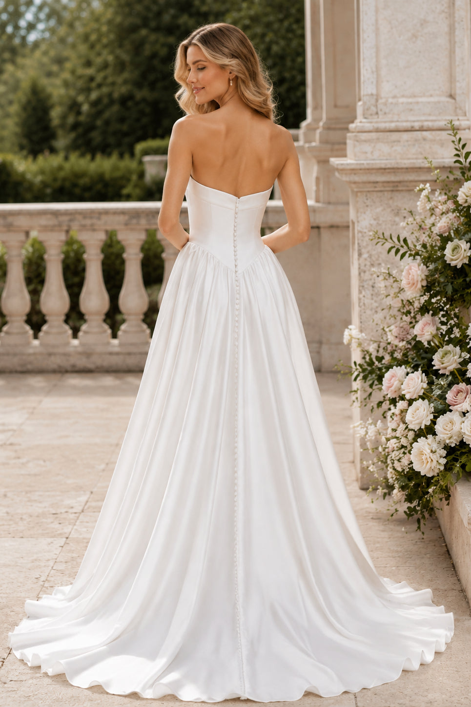 White Satin A Line Strapless Tube Sleeveless Button Back Train Wedding Dress