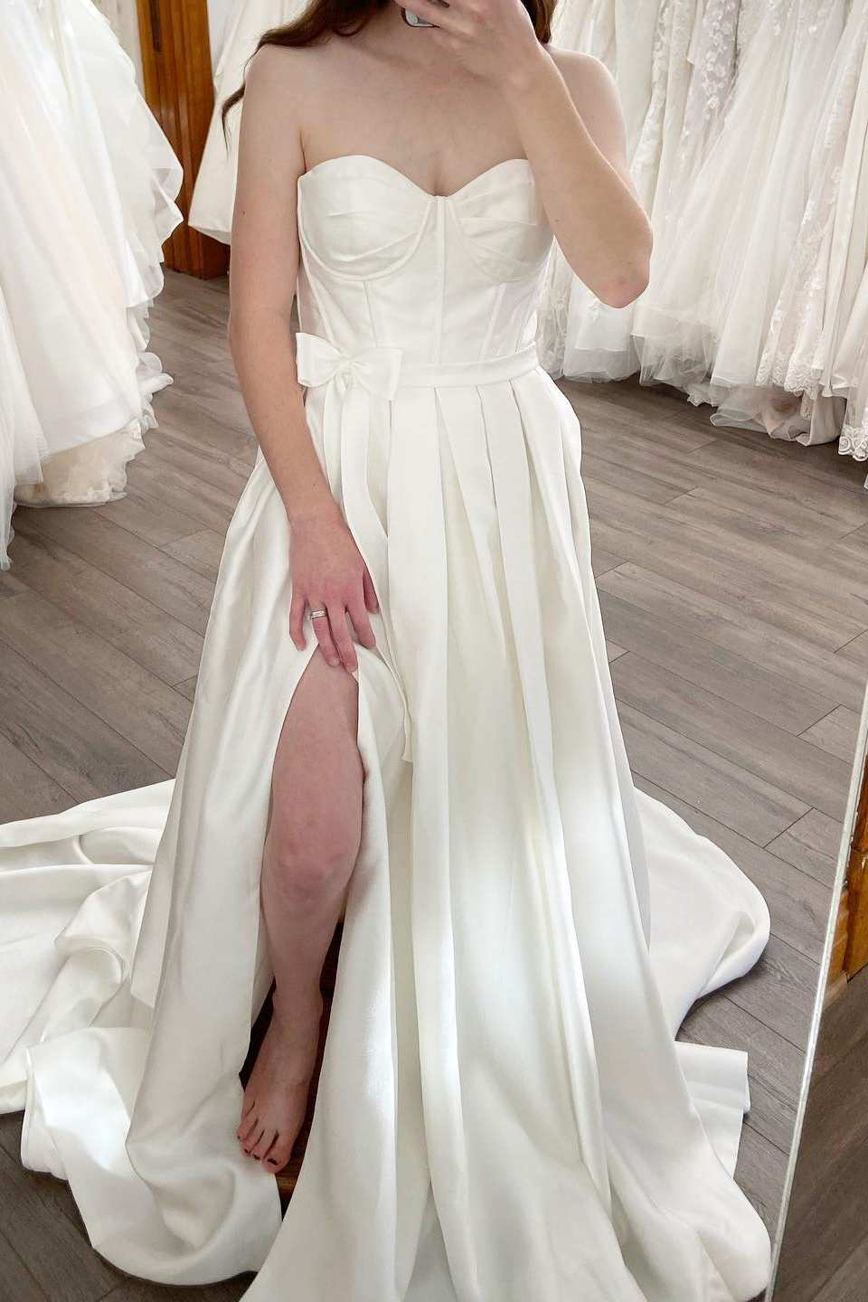 White Satin A Line Sweetheart Strapless Bow Closed Back Slit Train Wedding Dress