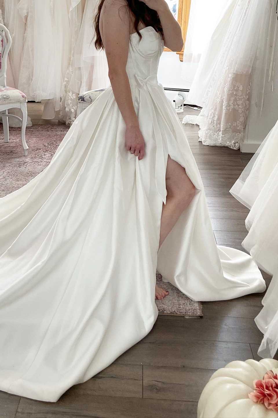 White Satin A Line Sweetheart Strapless Bow Closed Back Slit Train Wedding Dress