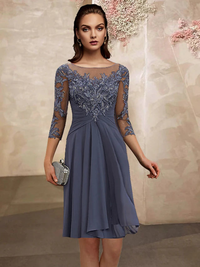 A-Line Mother of the Bride Dress Elegant Sweet Jewel Neck Knee Length Chiffon Lace 3/4 Length Sleeve with Pleats Appliques