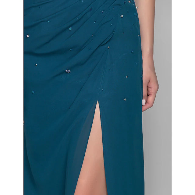 Sheath / Column Mother of the Bride Dress Furcal One Shoulder Floor Length Chiffon Sleeveless with Beading