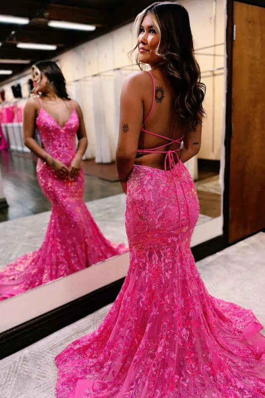 Mermaid Sleeveless Sequins Backless Spaghetti Straps Prom Dress