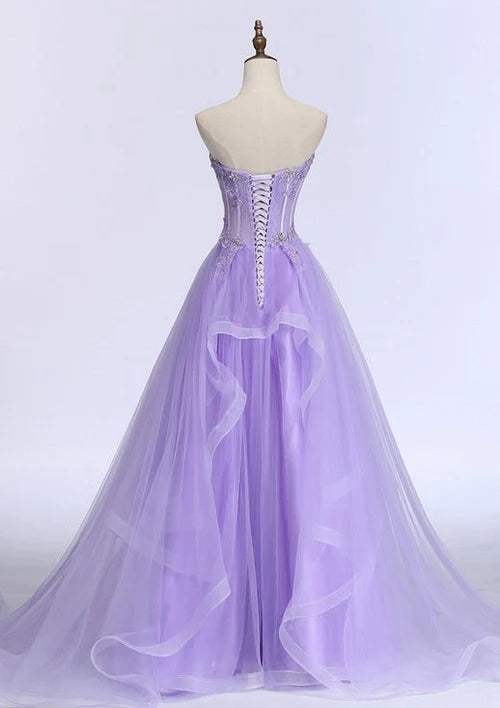 A-line Sweetheart Sleeveless Sweep Train Tulle Prom Dress