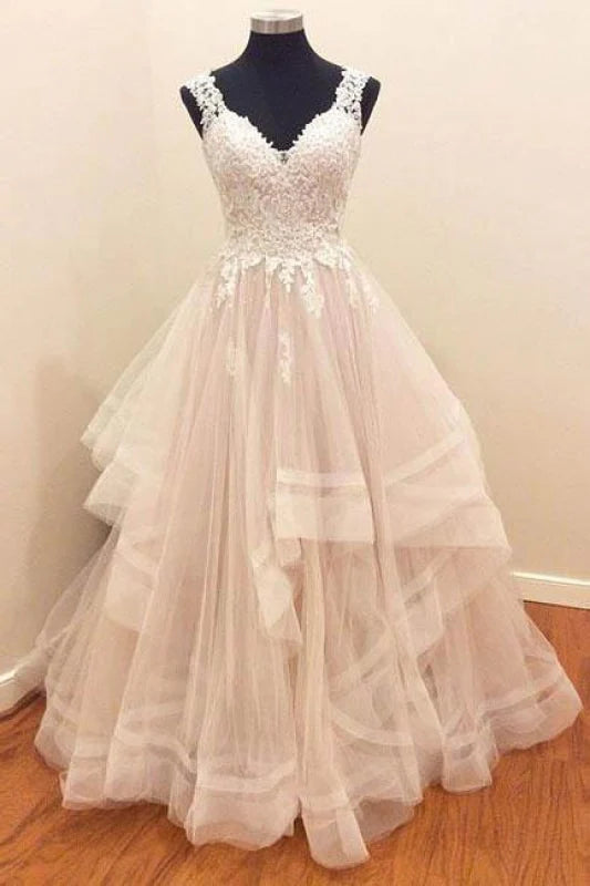 A-line V-neck Sleeveless Lace Appliques Tulle Prom Dress