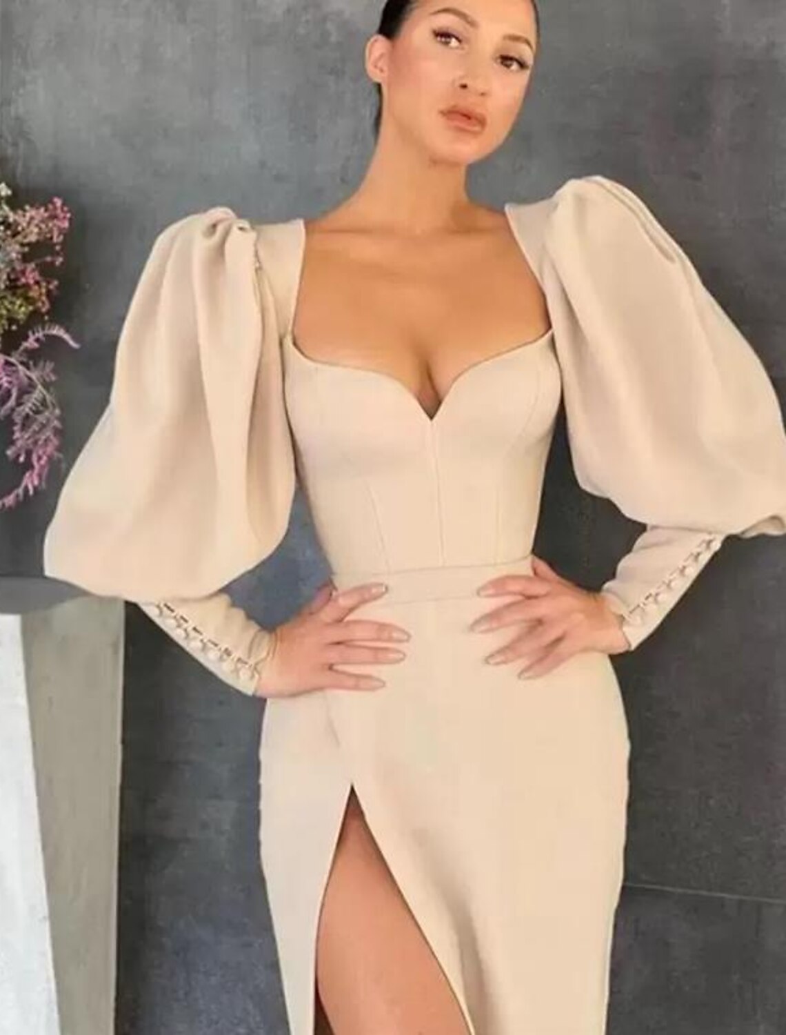 Mermaid / Trumpet Sheath / Column Cocktail Dresses Sexy Dress Party Wear Floor Length Long Sleeve Sweetheart Stretch Fabric Ladder Back with Buttons Slit