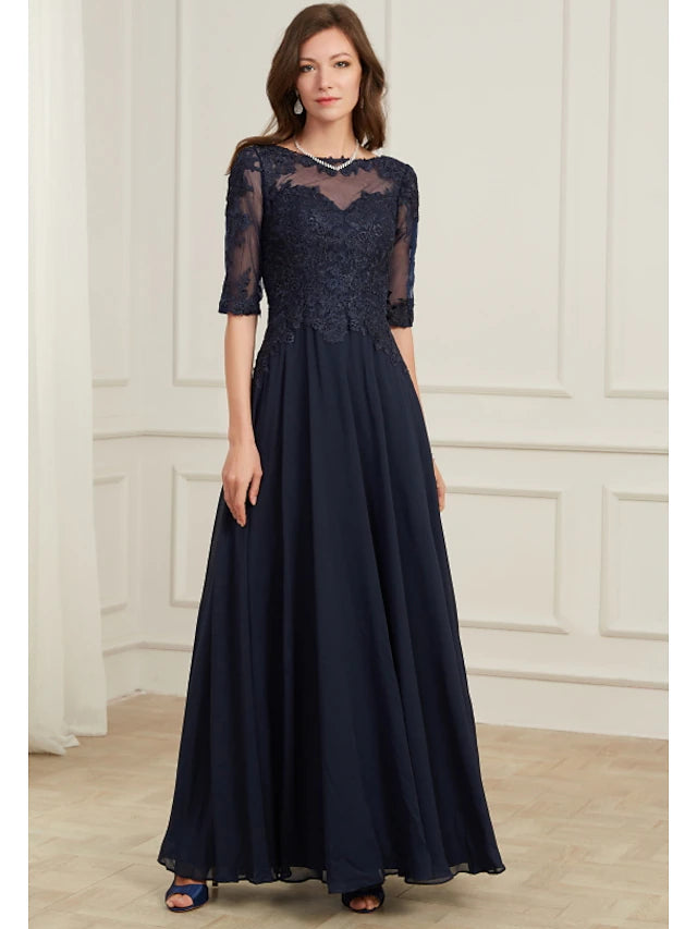 A-Linie, elegantes Abendkleid für Hochzeitsgäste, Rundhalsausschnitt, halbe Ärmel, bodenlang, Tüll mit Applikationen