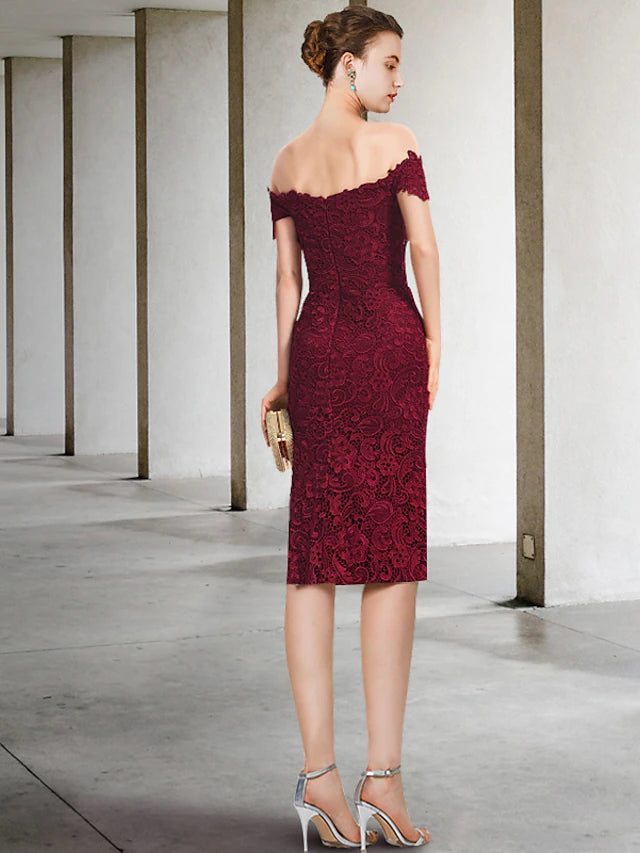 Two Piece Sheath / Column Mother of the Bride Dress Formal Wedding Guest Party Elegant Off Shoulder Knee Length Chiffon Lace Short Sleeve with Appliques