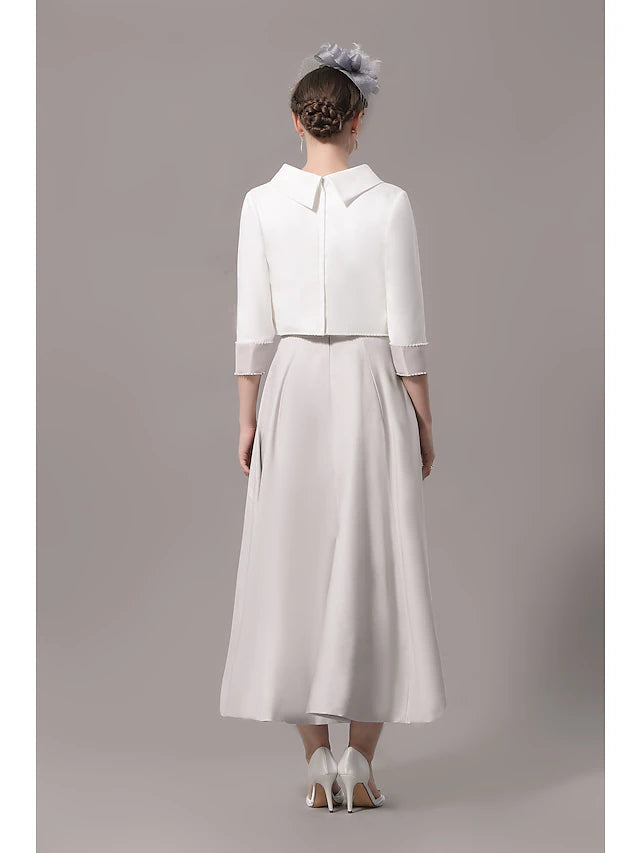 Two Piece Mother of the Bride Dress Church Elegant Jewel Neck Ankle Length Stretch Satin 3/4 Length Sleeve with Bow(s)