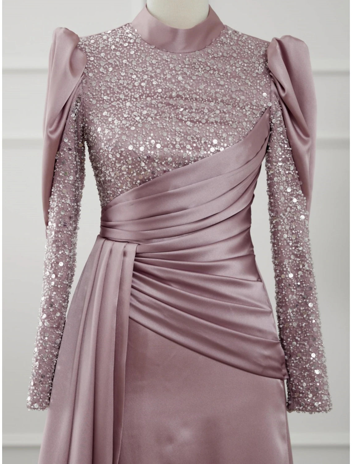 A-Line Evening Gown Sparkle & Shine Dress Formal Sweep / Brush Train Long Sleeve Jewel Neck Satin with Glitter Pleats Ruched