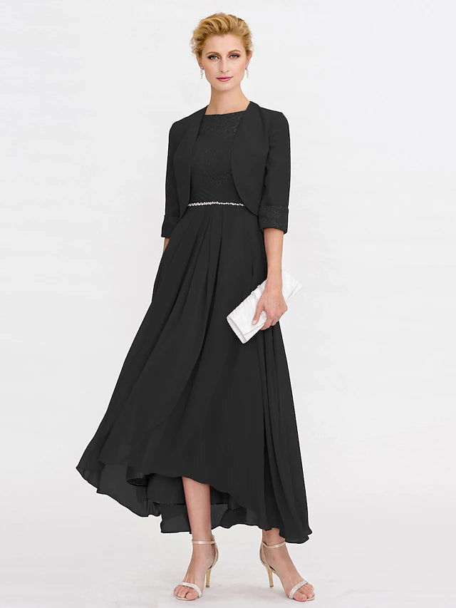 Two Piece Ball Gown A-Line Mother of the Bride Dress Formal Church Convertible Dress High Low See Through Illusion Neck Asymmetrical Chiffon Lace 3/4 Length Sleeve with Crystals