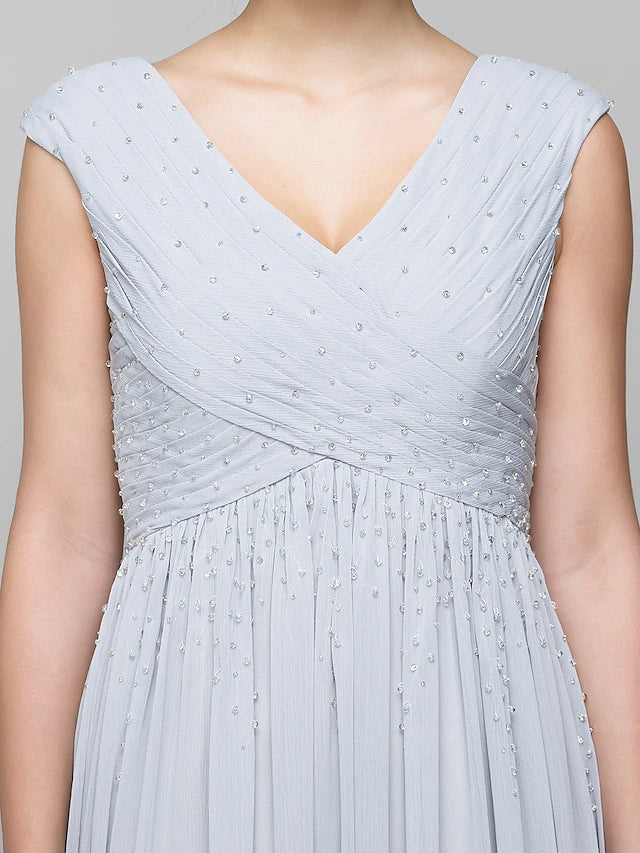A-Line Mother of the Bride Dress Elegant V Neck Floor Length Chiffon Sleeveless with Criss Cross Beading