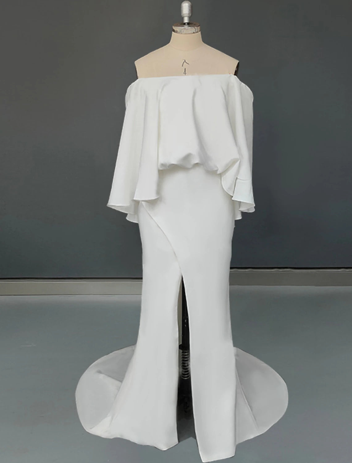 A-Line Plus Size Curve Wedding Dresses Minimalist Dress Party Wear Sweep / Brush Train Half Sleeve Off Shoulder Stretch Fabric with Ruffles Slit