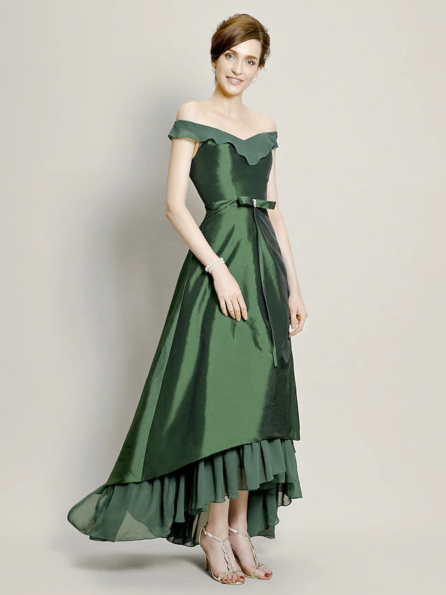 A-Line Mother of the Bride Dress Elegant High Low Off Shoulder Asymmetrical Chiffon Taffeta Short Sleeve with Pick Up Skirt Bow(s) Beading