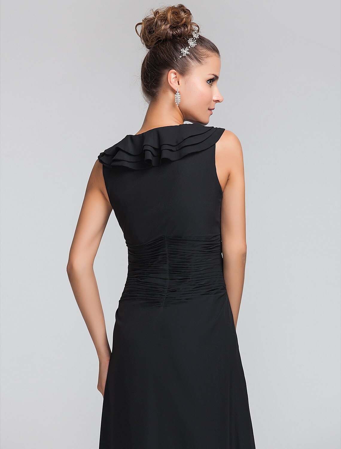 Etui-Linie/Säule, quadratischer Ausschnitt, bodenlanges Chiffon-Brautjungfernkleid mit Rüschen