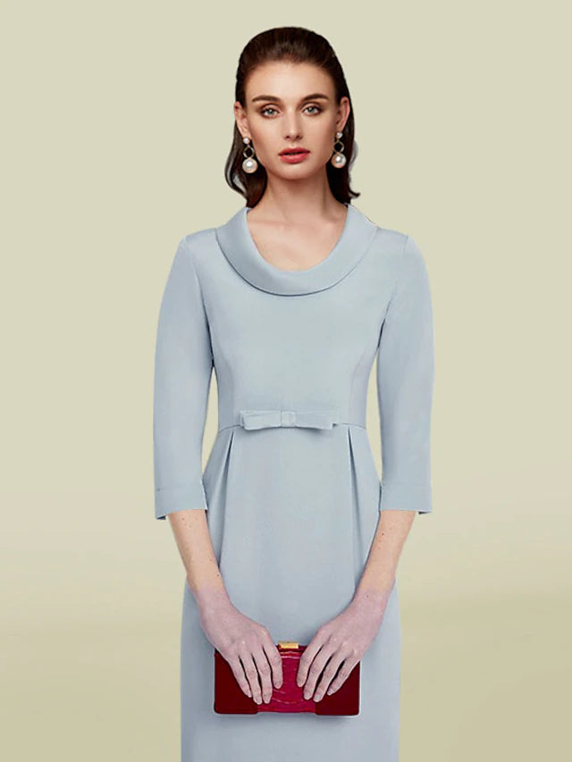 Sheath / Column Mother of the Bride Dress Elegant Jewel Neck Tea Length Italy Satin 3/4 Length Sleeve with Sash / Ribbon Bow(s)
