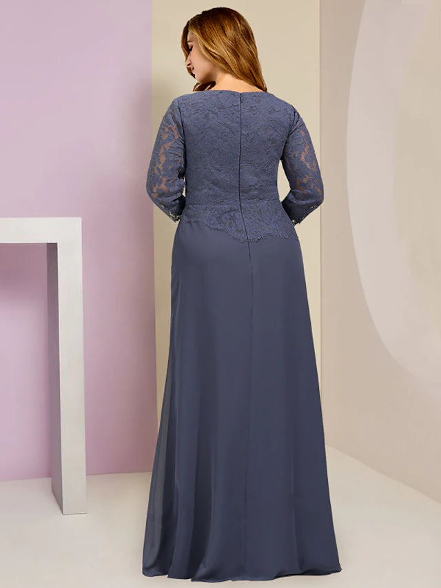 Plus Size Curve Mother of the Bride Dress Wedding Guest Party Elegant Scoop Neck Floor Length Chiffon Lace 3/4 Length Sleeve with Ruffles Appliques