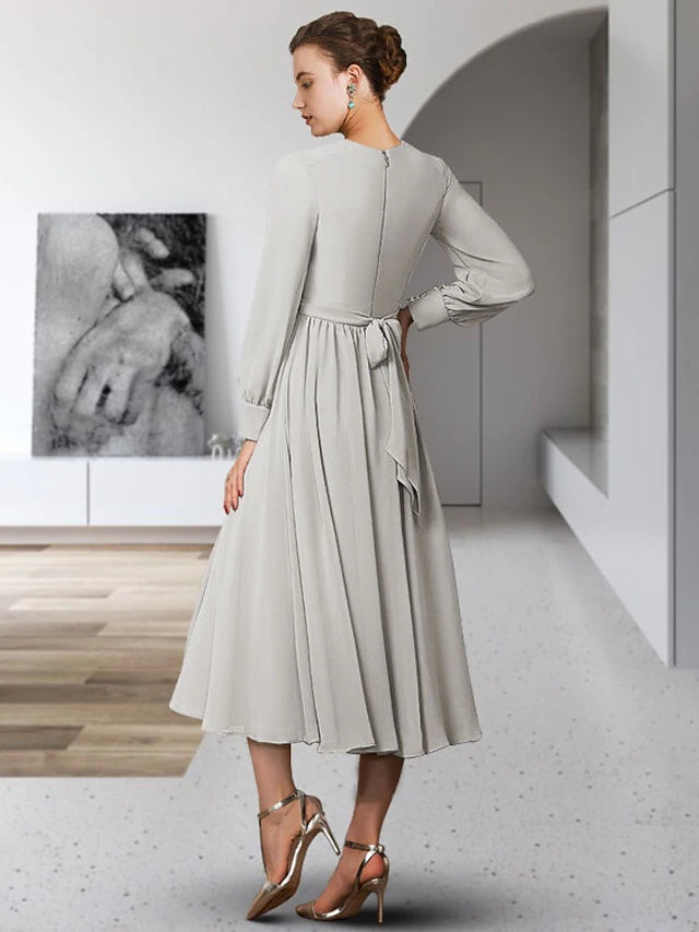 Sheath / Column Mother of the Bride Dress Simple Elegant Jewel Neck Tea Length Chiffon Long Sleeve with Sash / Ribbon Buttons Pleats