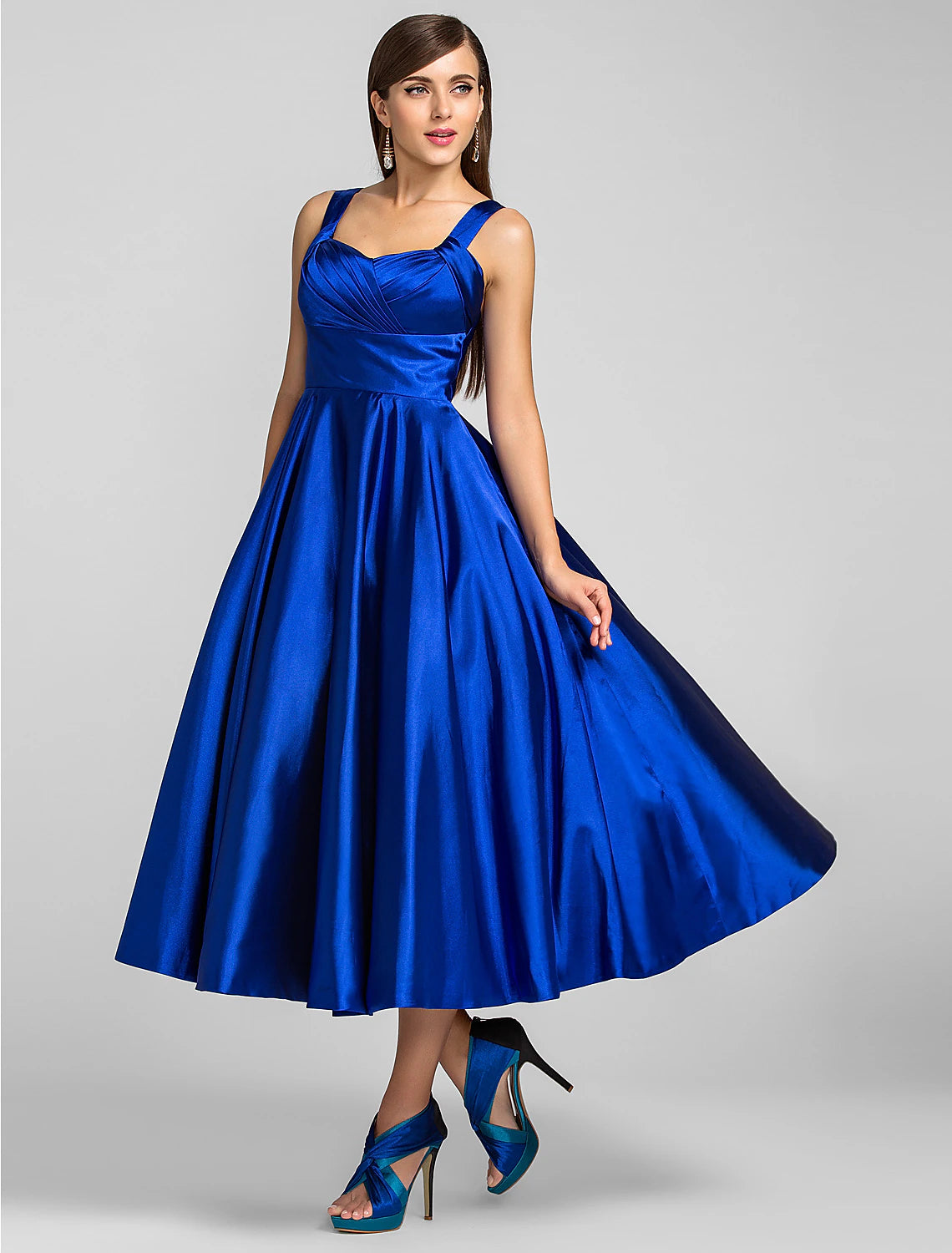 A-Linien-Minimalistisches Kleid für Hochzeitsgäste, Cocktailpartys, knielang, ärmellos, quadratischer Ausschnitt, Stretch-Satin mit überkreuzten Trägern