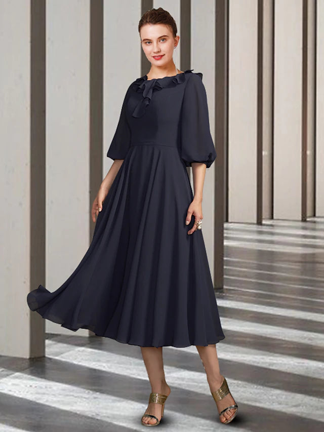 A-Line Mother of the Bride Dress Elegant Jewel Neck Tea Length Chiffon Half Sleeve with Pleats Ruffles