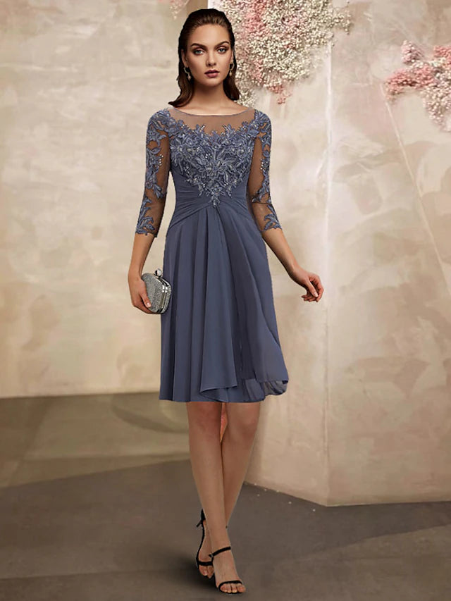 A-Line Mother of the Bride Dress Elegant Sweet Jewel Neck Knee Length Chiffon Lace 3/4 Length Sleeve with Pleats Appliques