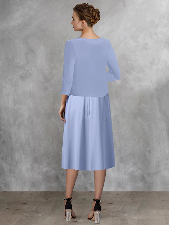 Two Piece A-Line Mother of the Bride Dress Wedding Guest Elegant Square Neck Tea Length Chiffon Lace Half Sleeve Wrap Included with Appliques Side-Draped