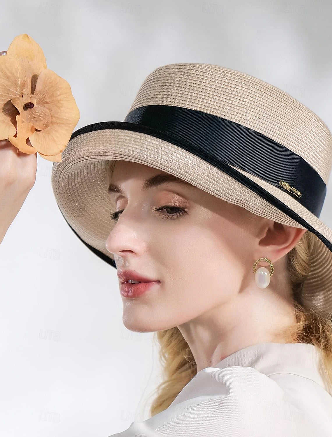 Hüte Gewebter Strohhut Lässiger Urlaub Cocktailparty Melbourne Cup Edler Retro mit Satinschleife Kopfbedeckung