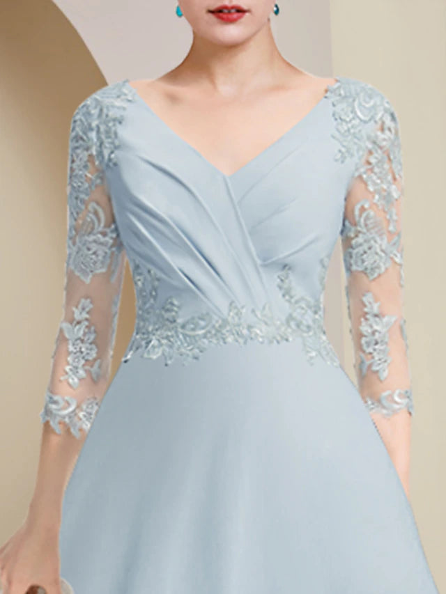 A-Line Mother of the Bride Dress Party Elegant V Neck Asymmetrical Lace Stretch Chiffon 3/4 Length Sleeve with Pleats Ruching