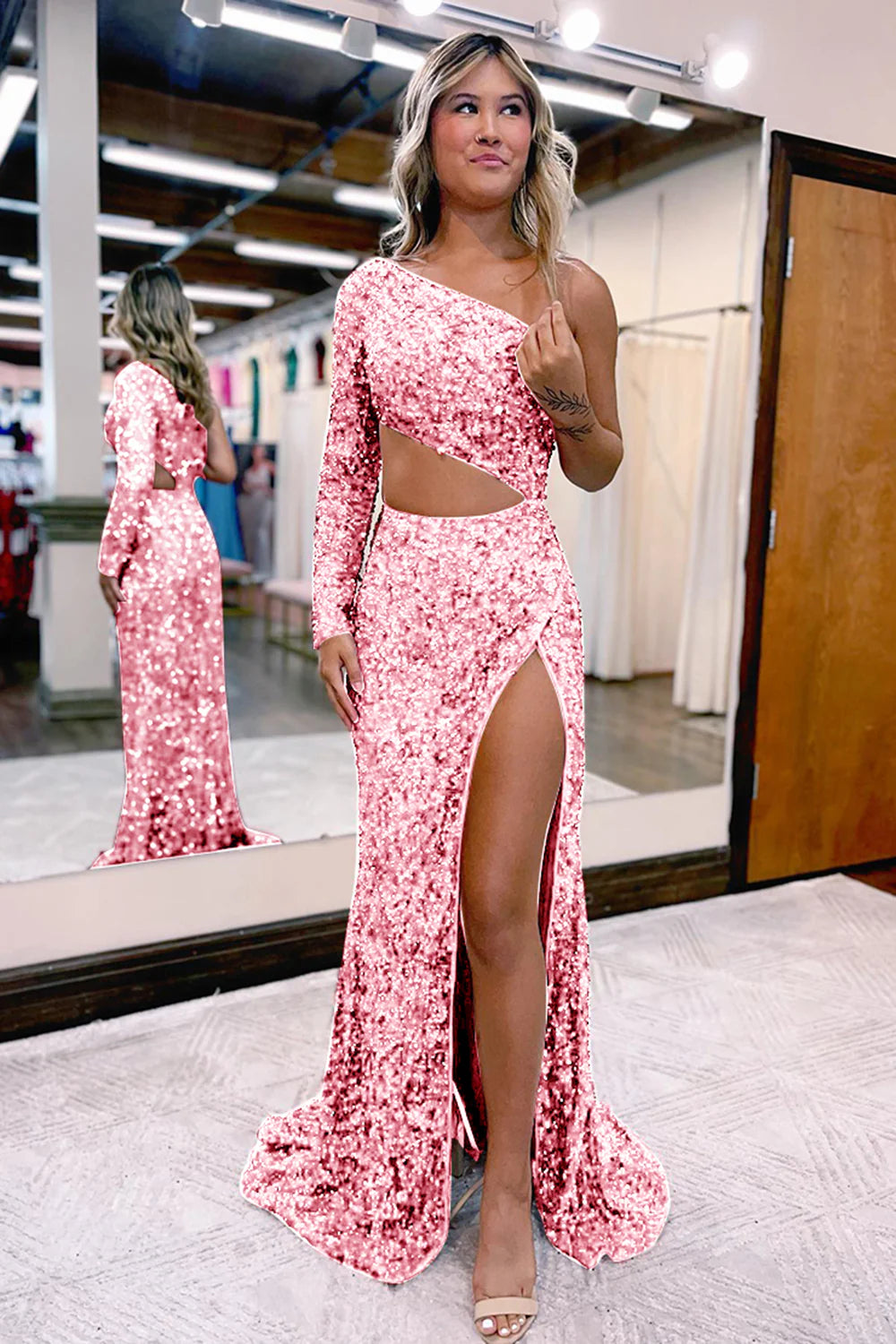 Etuikleid mit einer Schulter und Pailletten, lang, mit Schluff