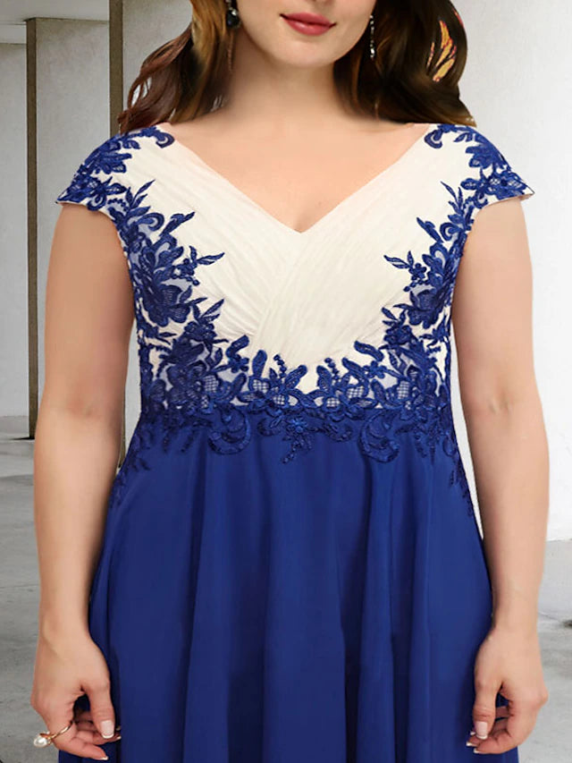 A-Line Plus Size Curve Mother of the Bride Dresses Color Block Dress Formal Tea Length Sleeveless V Neck Chiffon with Appliques Splicing