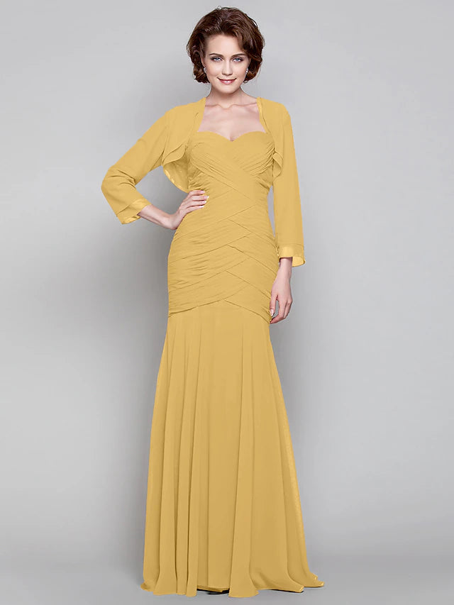 Mermaid / Trumpet Mother of the Bride Dress Two Piece Sweetheart Floor Length Chiffon Long Sleeve with Criss Cross