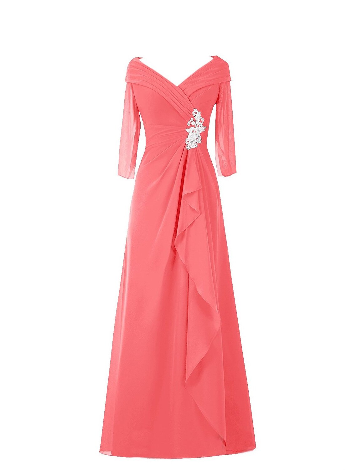 A-Line Minimalist Elegant Wedding Guest Formal Evening Dress V Neck Half Sleeve Floor Length Chiffon with Draping Appliques