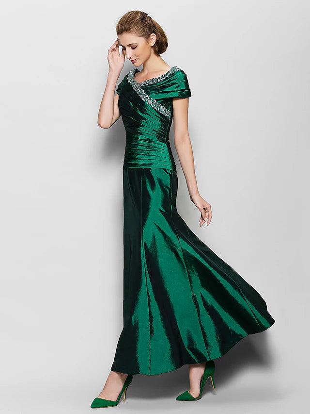A-Line Mother of the Bride Dress Vintage Inspired V Neck Ankle Length Taffeta Short Sleeve with Beading Side Draping