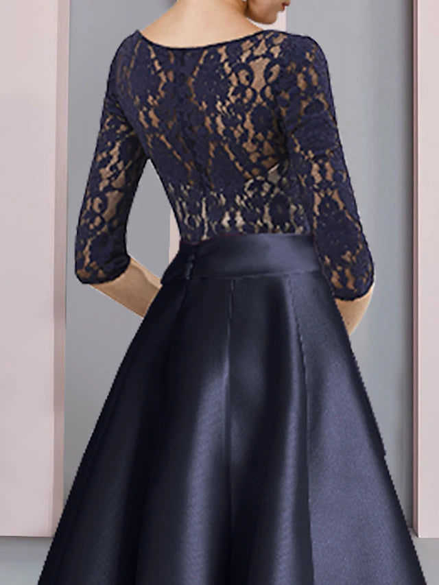 A-Line Mother of the Bride Dress Wedding Guest Vintage Elegant V Neck Ankle Length Satin Lace Half Sleeve with Bow(s) Pleats