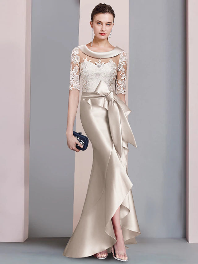Meerjungfrau/Trompete Kleid für die Mutter der Braut, formell, elegant, hoch, tief, U-Ausschnitt, Schleppe/Pinselzug, asymmetrisch, Satin, Spitze, halbe Ärmel mit Schleife(n), Applikationen
