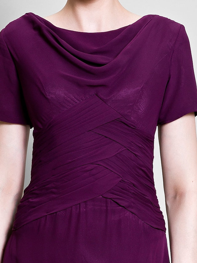 A-Line Mother of the Bride Dress Cowl Neck Tea Length Chiffon Short Sleeve with Ruched Side Draping