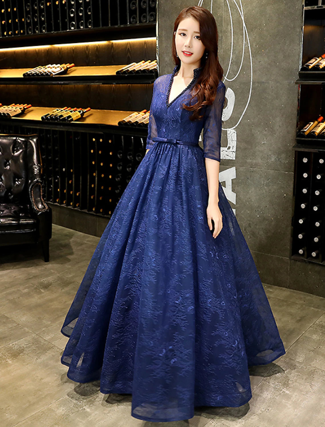 A-Line Evening Gown Beautiful Back Dress Wedding Guest Floor Length Half Sleeve V Neck Lace with Beading