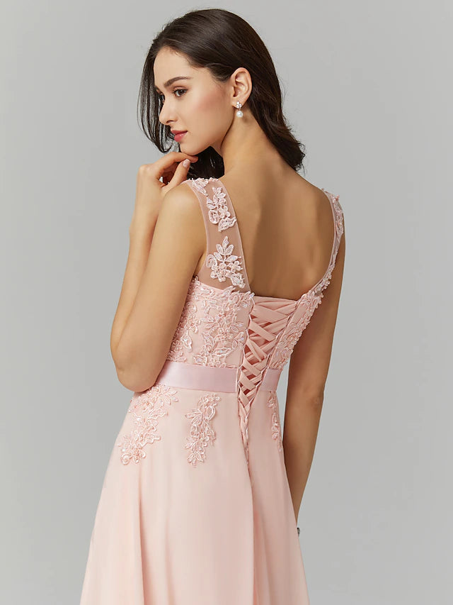 A-Linie Brautjungfernkleid mit Rundhalsausschnitt, ärmellos, elegant, bodenlang, Chiffon/Spitze mit Applikationen