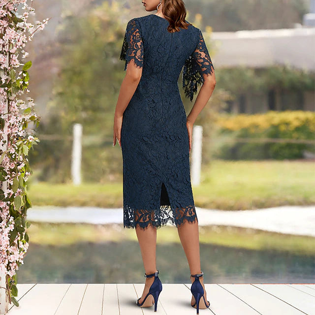 Sheath / Column Mother of the Bride Dress Wedding Guest Elegant Jewel Neck Tea Length Lace Short Sleeve with Solid Color