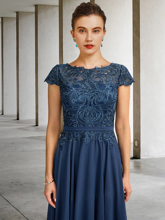 A-Line Mother of the Bride Dress Luxurious Elegant Jewel Neck Tea Length Chiffon Lace Cap Sleeve with Pleats Appliques