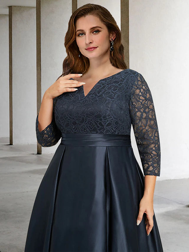 A-Line Plus Size Curve Mother of the Bride Dresses Elegant Dress Formal Asymmetrical 3/4 Length Sleeve V Neck Satin with Pleats Ruched