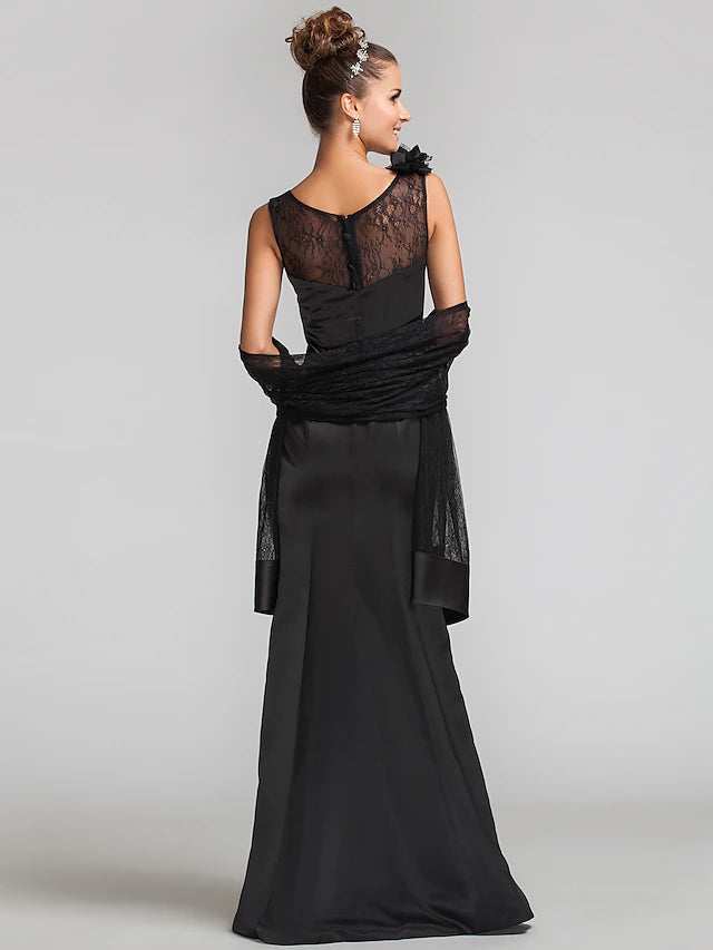 Mermaid / Trumpet Mother of the Bride Dress Wrap Included Jewel Neck Floor Length Satin Lace Sleeveless with Lace Buttons Flower