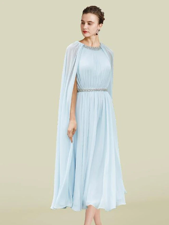 Sheath / Column Mother of the Bride Dress Elegant Jewel Neck Tea Length Chiffon Sleeveless with Pleats Beading Crystal Brooch