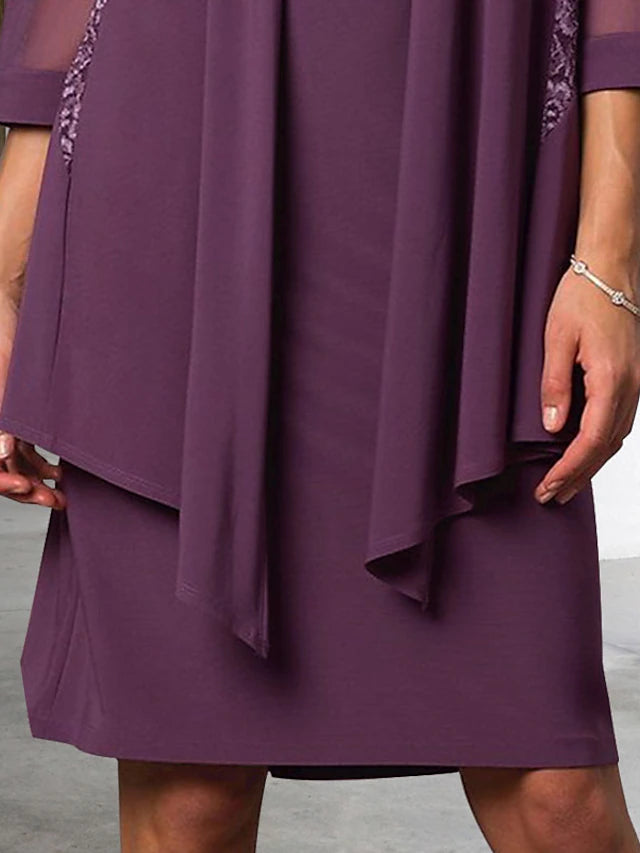 Two Piece Sheath / Column Mother of the Bride Dress Elegant Jewel Neck Knee Length Chiffon Lace Sleeveless Jacket Dresses with Solid Color