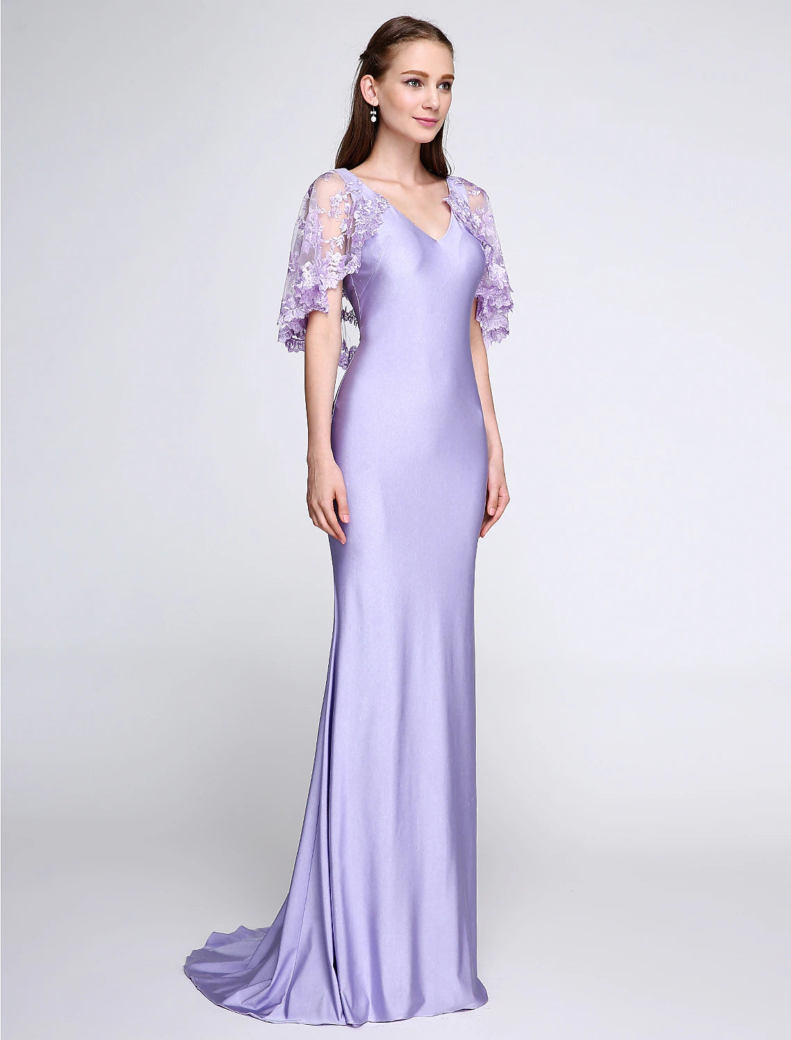 Mermaid / Trumpet Bridesmaid Dress V Neck Sleeveless Wrap Included Sweep / Brush Train Jersey with Lace