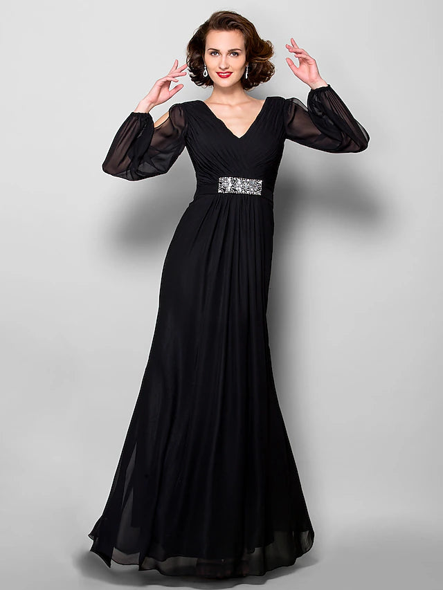 A-Line Mother of the Bride Dress Open Back V Neck Floor Length Chiffon Long Sleeve with Criss Cross