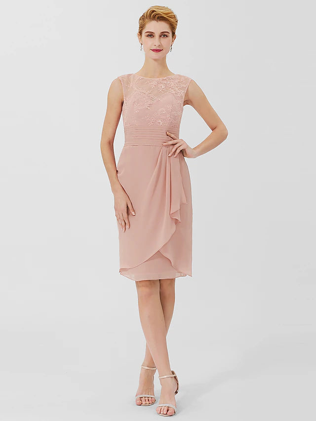 Sheath / Column Mother of the Bride Dress Formal Classic & Timeless Elegant & Luxurious Convertible Dress Jewel Neck Knee Length Chiffon Sheer Lace 3/4 Length Sleeve with Sash / Ribbon