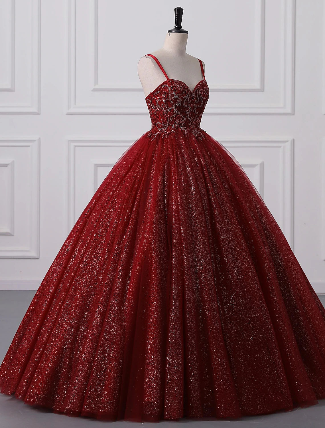 Ballkleid, Ballkleider, Prinzessinnenkleid, Abschlussfeier, Quinceanera, bodenlang, ärmellos, Spaghettiträger, Spitze mit Perlenapplikationen