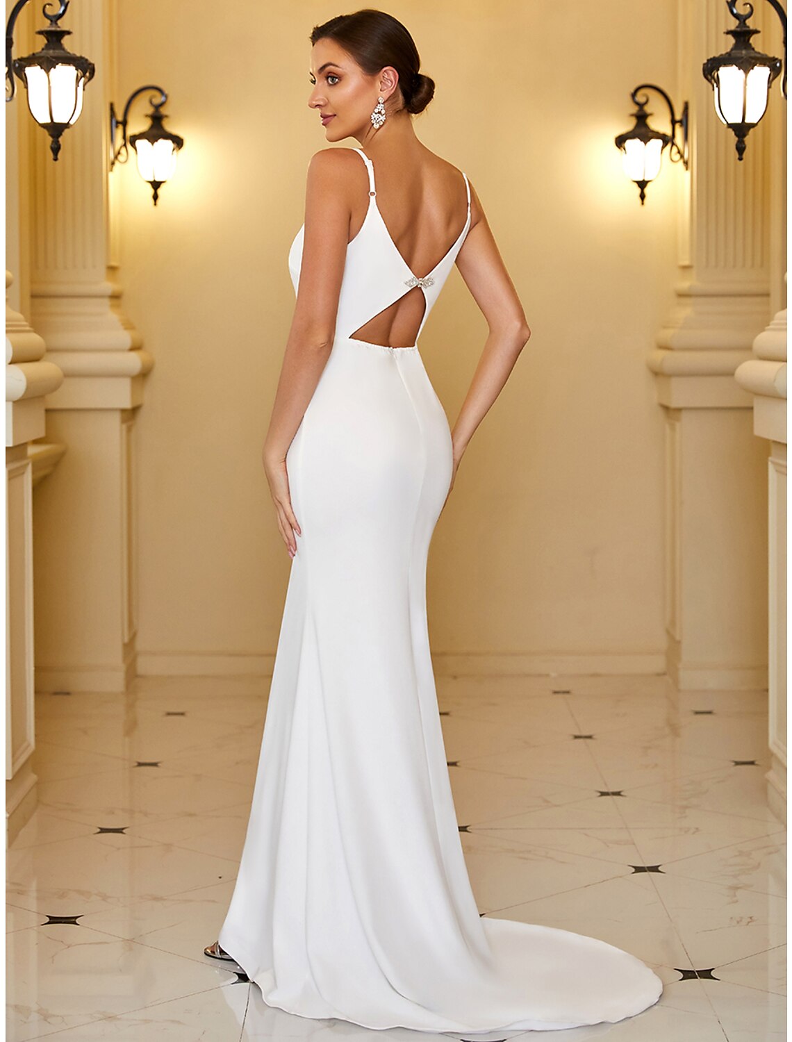 Reception Casual Wedding Dresses Mermaid / Trumpet Camisole V Neck Spaghetti Strap Sweep / Brush Train Stretch Fabric Bridal Gowns With Ruched Draping